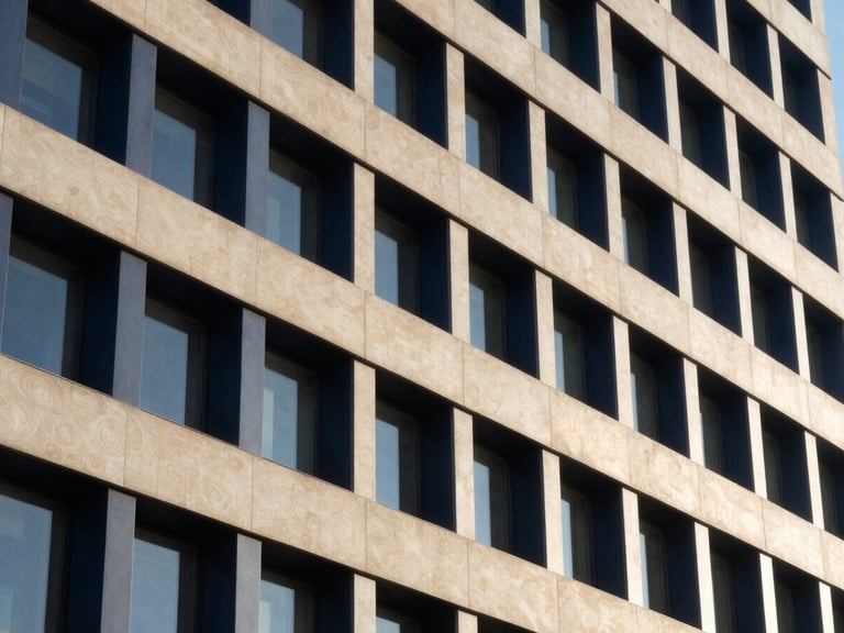 An abstract structural pattern of architectural lines in a modern corporate building, bright natural daylight, deep navy and warm sand tones, sharp focus, 35mm