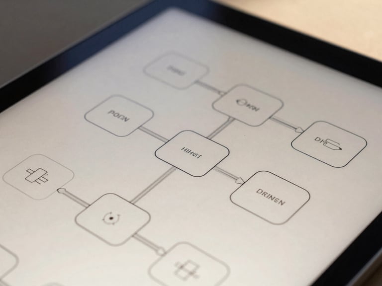 A detailed macro shot of a tablet displaying a complex mobile system architecture diagram, bright natural daylight, deep navy and warm sand tones, sharp focus, 35mm