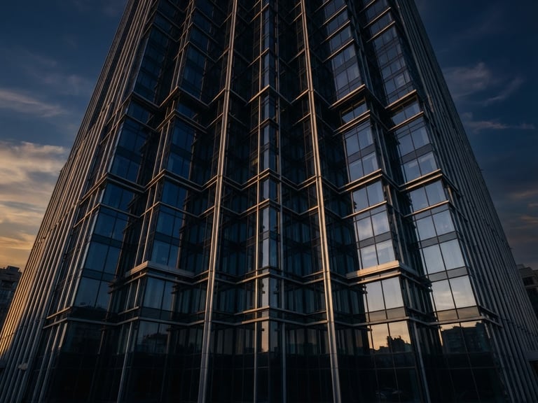Cinematic corporate photography of a modern architectural skyscraper facade in Kyiv, deep navy tones, subtle golden-hour light reflecting on steel and glass, sharp focus, 35mm