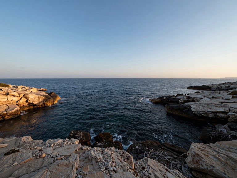 Wide panoramic 21:9 framing of an untouched coastal plot on the Adriatic shoreline, deep navy water meeting raw limestone, expansive sky, soft Mediterranean morning light.