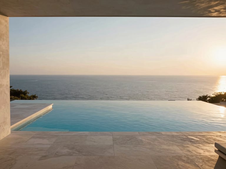 An infinity edge pool seamlessly merging with the calm Adriatic Sea at golden hour, minimalist stone terrace, high-end architectural framing