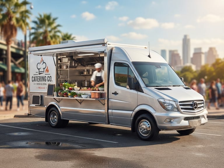 A clean, modern commercial catering vehicle parked in bright Texas daylight, professional branding visible on the side, pristine metal finishes.