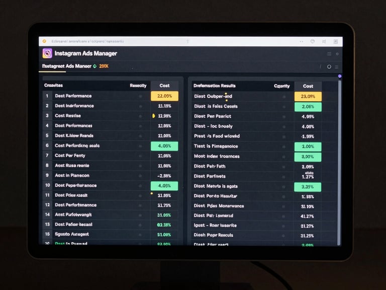 Instagram Ads Manager interface on dark screen showing creative performance comparison table, two ad sets side by side, cost-per-result columns highlighted, cool high-contrast studio lighting