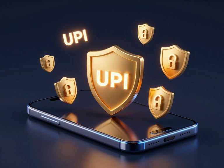 Premium 3D render of glowing golden UPI and secure bank shield icons floating over a sleek dark glass phone screen, neon blue backlighting, isometric.