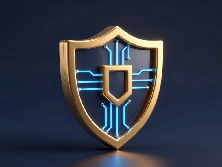 Sleek 3D render of a secure shield icon with glowing gold and neon blue circuits, dark luxury high-contrast lighting, isometric.