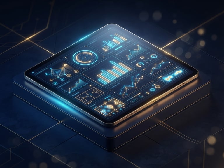 Premium 3D render of a futuristic glowing tablet displaying clean sports analytics charts, neon blue and gold backlighting, dark luxury navy background, isometric.