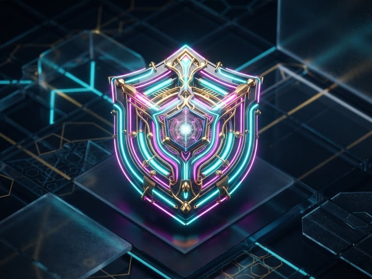 Macro 3D render of a glowing neon shield with gold accents, floating over a dark glassmorphic grid background, high contrast studio lighting