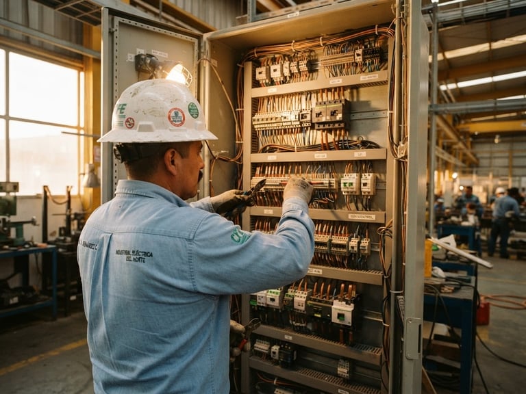 An over-the-shoulder view of a certified Mexican electrical engineer in a white helmet and light blue long-sleeve shirt, working on a massive industrial load center with organized wiring, warm golden-hour technical lighting, 35mm lens.