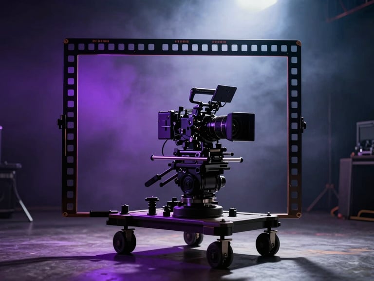 Anamorphic film frame of a heavy camera rig on a dolly, dramatic low-key backlighting with neon violet spill, atmospheric haze in a dark studio.