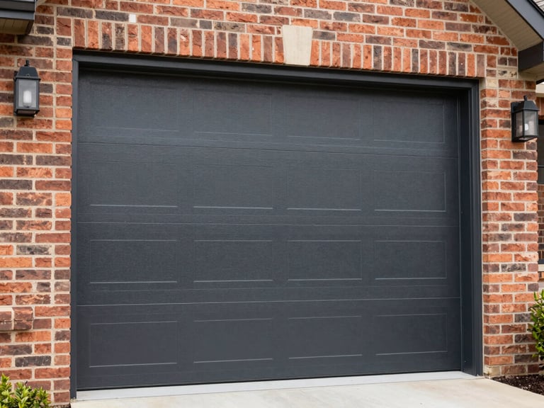 Crisp daylight shot of a modern dark steel garage door installed on a brick home in Clinton, clean angles, sharp focus, 35mm lens.