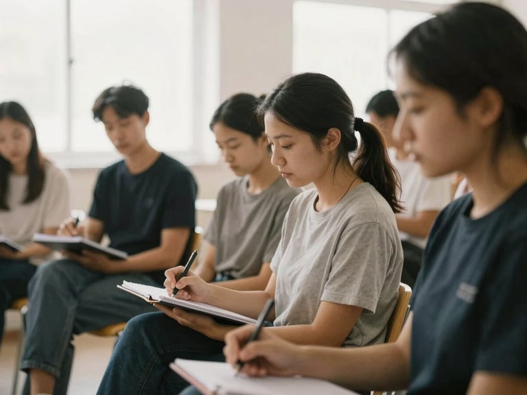 Volunteers in a training session, focused on a speaker, notes taken, soft diffused natural light, muted compassionate tones, 35mm