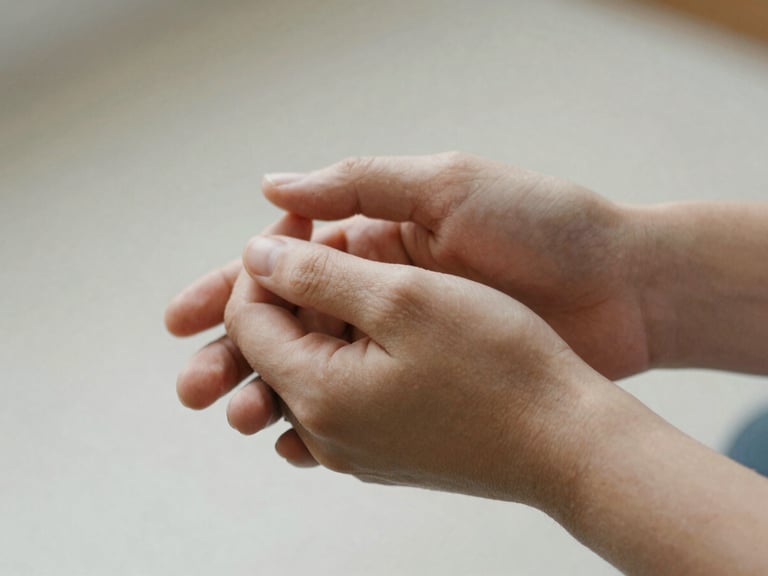 Hands gently holding another person's hands in a gesture of support, close-up, soft diffused natural light, muted compassionate tones, shallow depth of field, 35mm