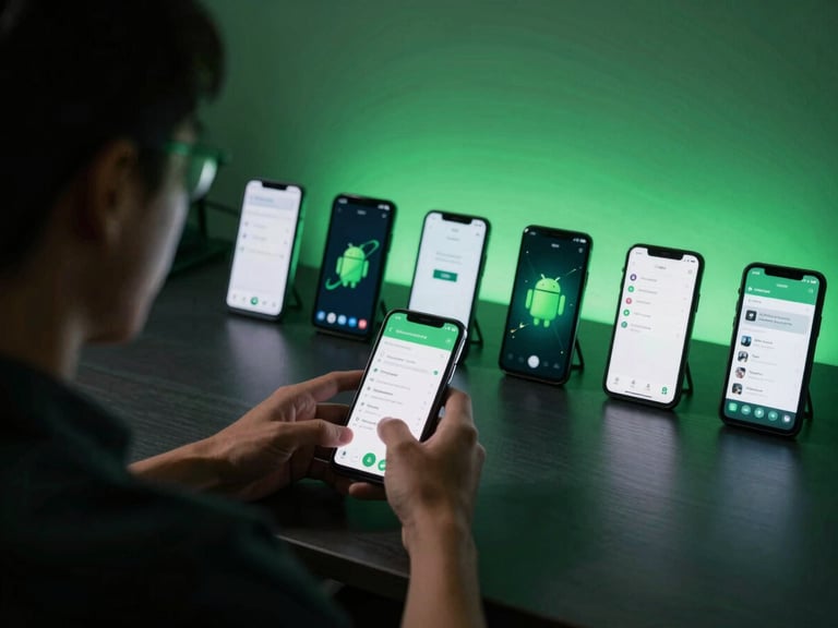 Over-the-shoulder view of an engineer testing an app on multiple physical Android devices lined up on a dark workbench, soft green backlighting