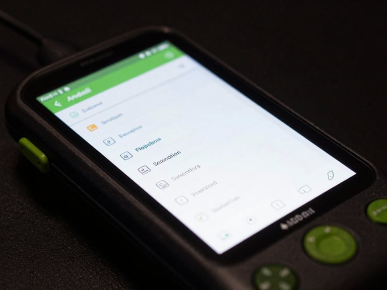 Close-up of a rugged Android handheld terminal running a clean technical logistics interface under low-key studio lighting with realistic screen glow