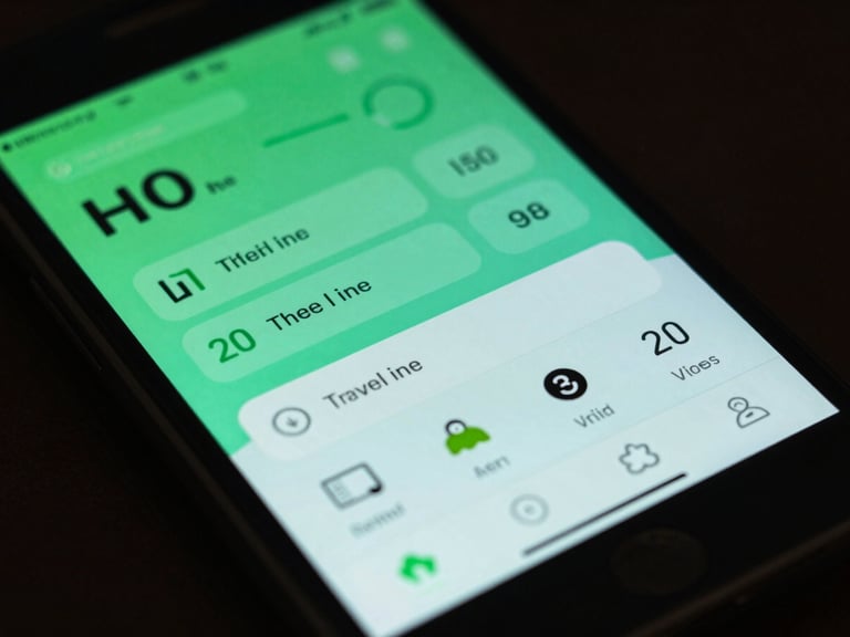 Macro shot of a physical Android device displaying a high-performance travel dashboard with smooth UI transitions, subtle green backlighting, dark editorial technology photography