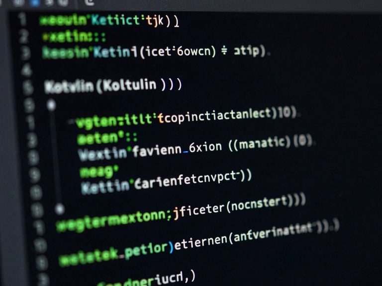 Macro shot of clean Kotlin code inside an IDE on a dark monitor, glowing green syntax highlighting, shallow depth of field