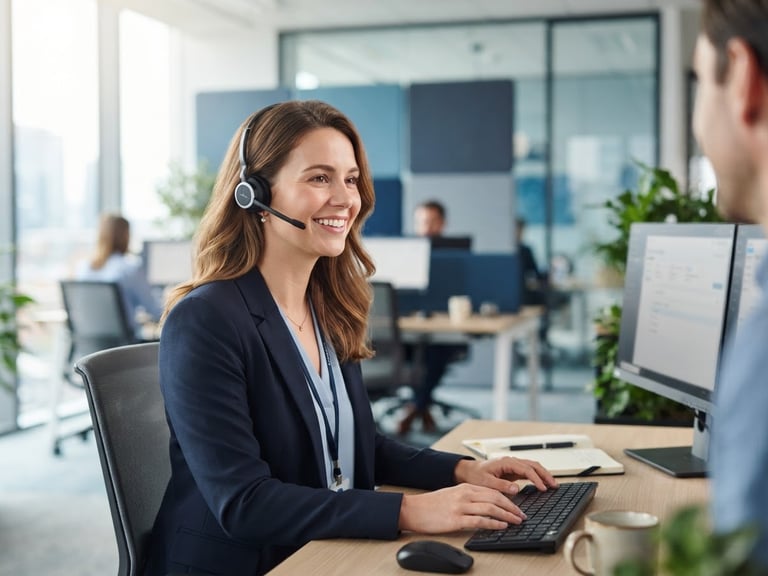 Medium close-up of a professional customer service agent in a bright, modern office with cool blue and slate tones, wearing a headset, smiling naturally, shallow depth of field, natural office daylight.