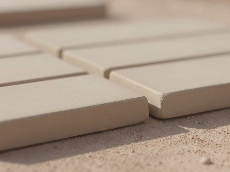 Macro photograph of hand-pressed raw clay tile edges drying in soft Arizona morning light, shallow depth of field, 35mm
