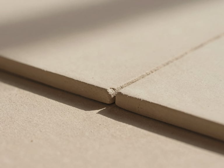 Macro photograph of hand-pressed raw clay tile edges casting gentle shadows in soft directional Arizona sunlight, 35mm warm editorial style