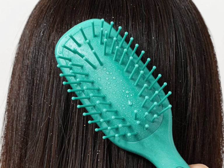 Tight macro shot of thick coily hair wrapped around the bristles of a teal styling brush, water droplets visible, high-contrast studio light.