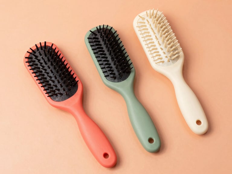 Clean overhead flat-lay of three curl-defining brushes in coral, sage, and cream colors arranged on a bright peach backdrop, sharp focus.