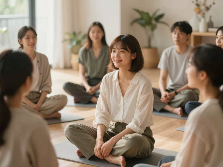 A group of professionals sitting in a relaxed circle during a wellness workshop, warm natural light, genuine expressions, shallow depth of field, 35mm.