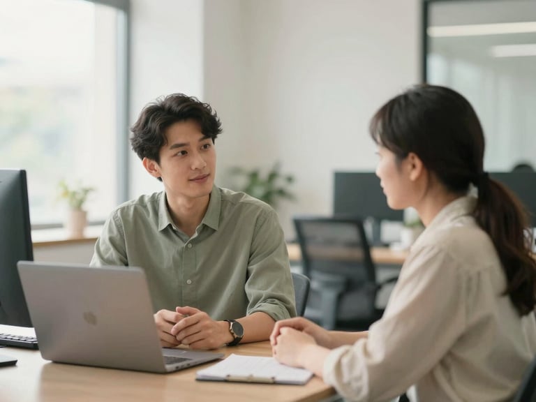 A wide environmental shot of a manager and employee talking calmly in a bright, modern office with soft daylight, shallow depth of field, 35mm.