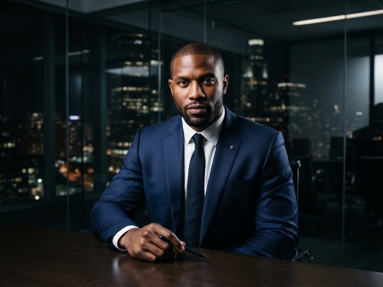 Dramatic high-contrast portrait of a former collegiate athlete in a sharp navy suit, looking directly at the camera, modern glass-and-steel corporate boardroom background, stadium-light side lighting, 35mm lens.
