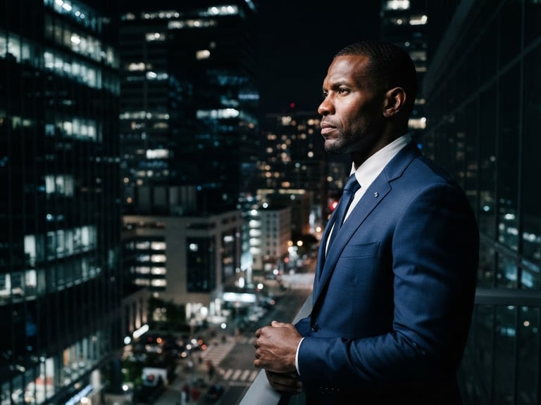 Dramatic high-contrast side-lit portrait of a focused former athlete in a sharp navy corporate suit, modern dark glass skyscraper architecture background, stadium-light white highlights.