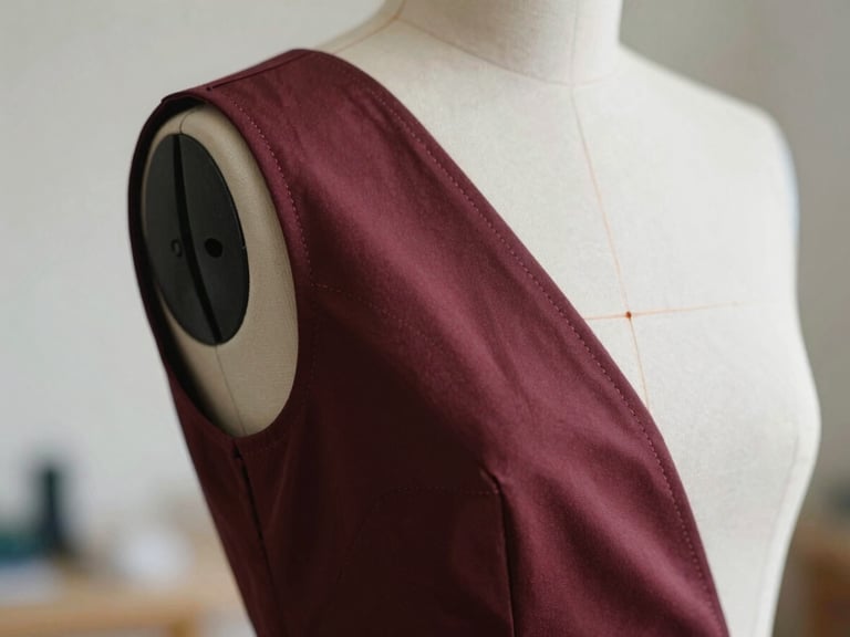 Close-up of a garment prototype being fitted on a mannequin, showing meticulous stitching details, soft studio light, shallow depth of field, 35mm