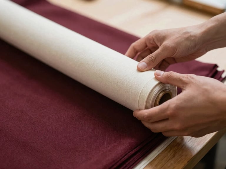 Hands carefully examining a roll of luxurious fabric, rich texture visible, warm natural light, shallow depth of field, 35mm