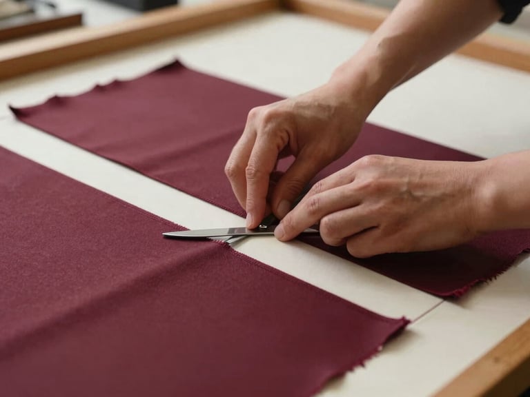 Macro shot of a designer's hands precisely cutting a fabric pattern on a large drafting table, warm natural light, shallow depth of field, 35mm