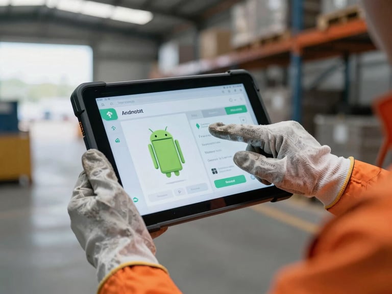 Close-up on hands wearing heavy-duty work gloves interacting with a rugged Android tablet UI inside an industrial warehouse, high-contrast cool tones with safety orange highlights, overcast daylight, 35mm