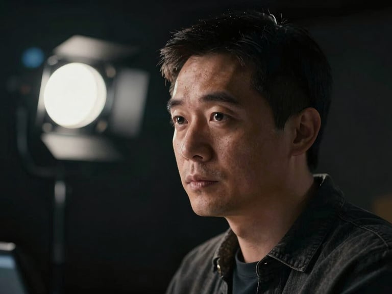 Cinematic close-up of a creative director in a dark, focused studio environment, hard single-source lighting, deep obsidian shadows.