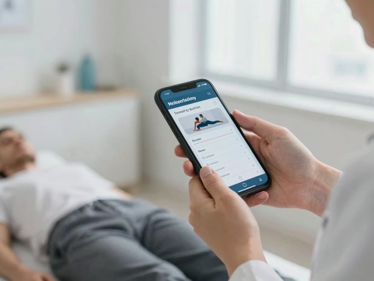 Close-up of a physiotherapist in a clean white uniform holding a smartphone, showing a patient a digital training plan in a bright, modern clinic space.