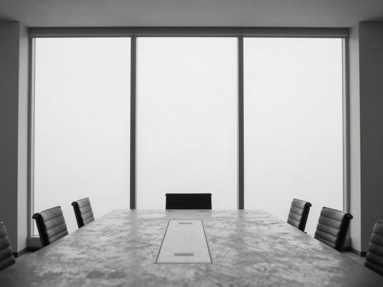 An empty, quiet executive boardroom with a concrete conference table, floor-to-ceiling windows, diffused north-facing daylight