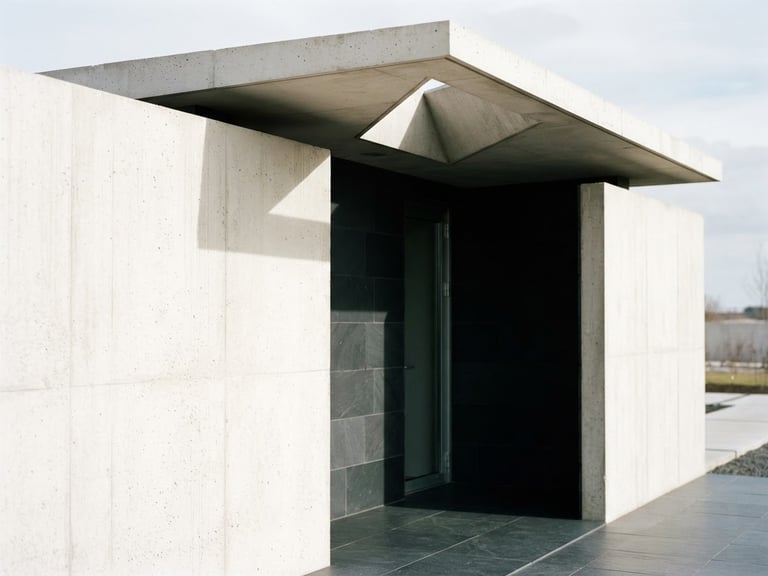 Architectural detail of a modern minimalist concrete pavilion, sharp geometric shadow-play from north-facing daylight, high contrast slate and white tones, 35mm