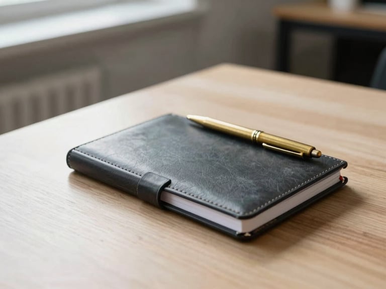 A closed leather notebook resting on a clean oak table next to a brass pen, soft morning light, architectural office background