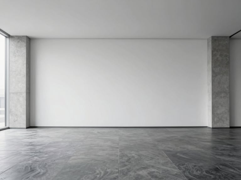 Wide architectural angle of an empty modern executive boardroom, clean lines, concrete columns, soft diffused north-facing light, 35mm