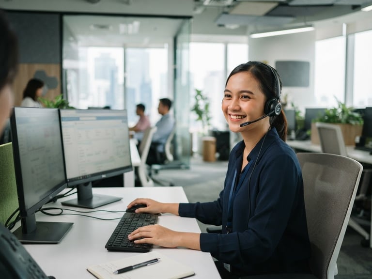 A professional customer service representative with a headset, smiling warmly in a bright Jakarta office, clean corporate daylight, 35mm