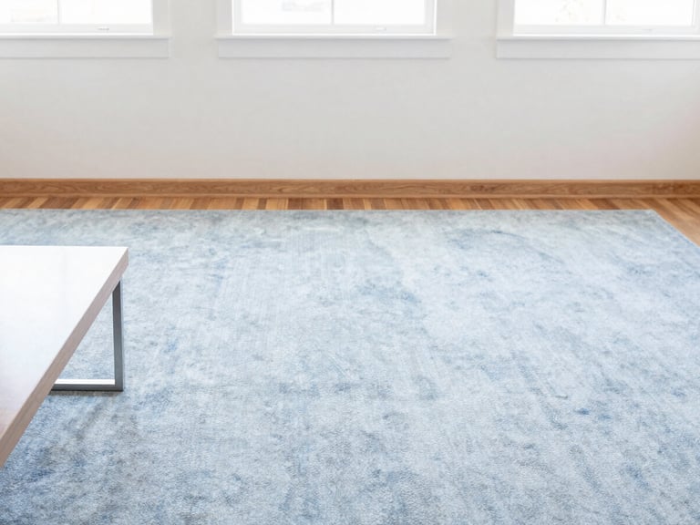 A bright, airy living room with a perfectly vacuumed carpet, dust-free wooden baseboards, and polished coffee table reflecting natural light. High-key natural daylight.