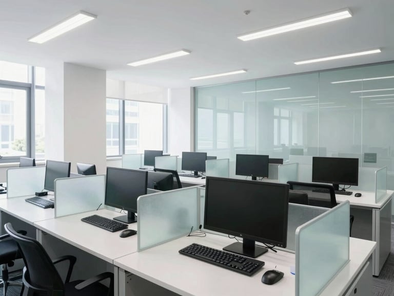 A clean, modern office space with polished desks, sanitized keyboards, and streak-free glass partitions, reflecting bright natural daylight. Wide-angle environmental shot.