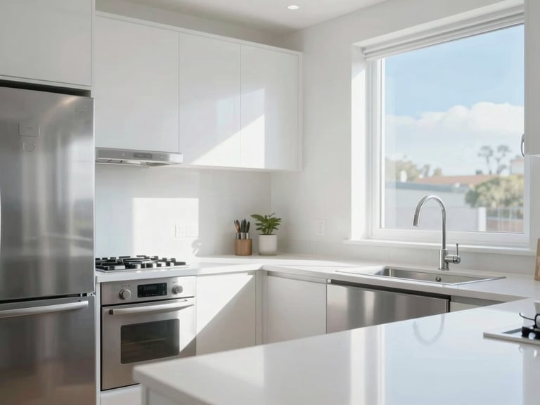 A meticulously cleaned modern kitchen, gleaming stainless steel appliances, spotless white countertops, and sparkling faucet under bright natural daylight.