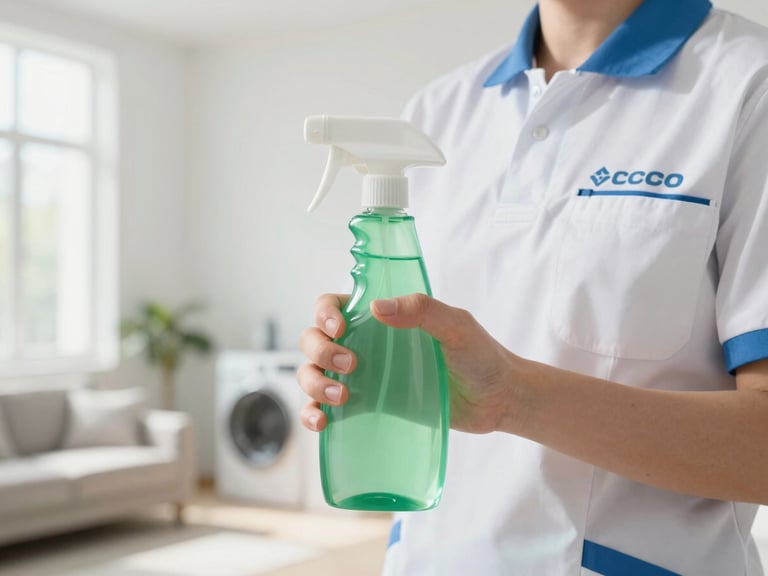 A close-up of a hand in a neat, branded uniform holding a green, eco-friendly cleaning spray bottle, with a blurred background of a clean home interior. Bright natural daylight.