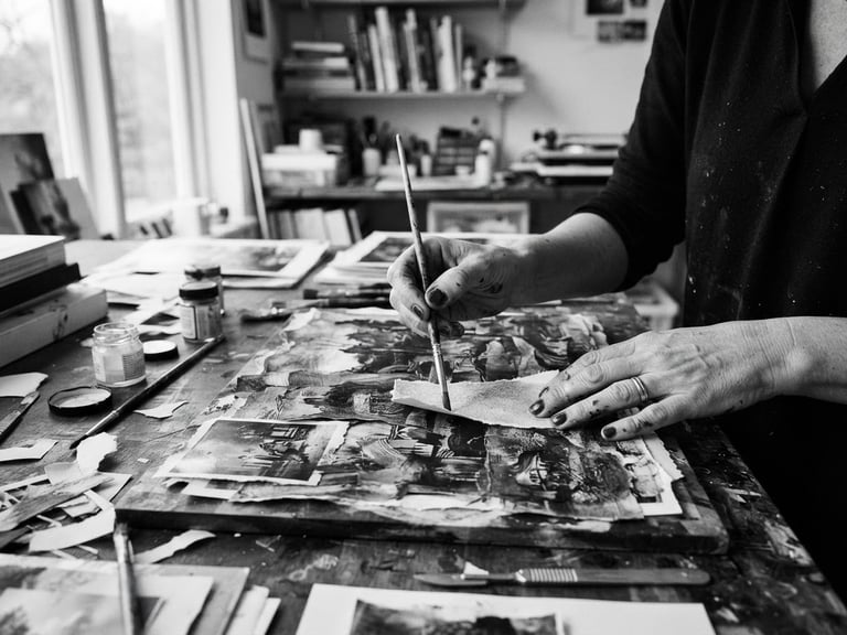 Clare Newton's hands working on a photocomposition, showing layered textures and subtle painterly details, diffused studio light, black and white, high-resolution archival detail.