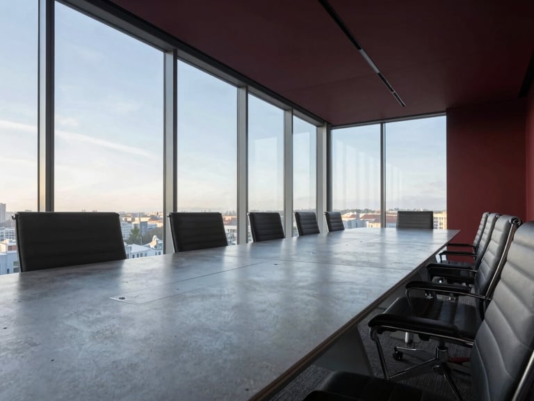 Low-angle perspective of a modern executive boardroom with a long polished concrete table, minimalist chairs, and floor-to-ceiling glass windows, morning light