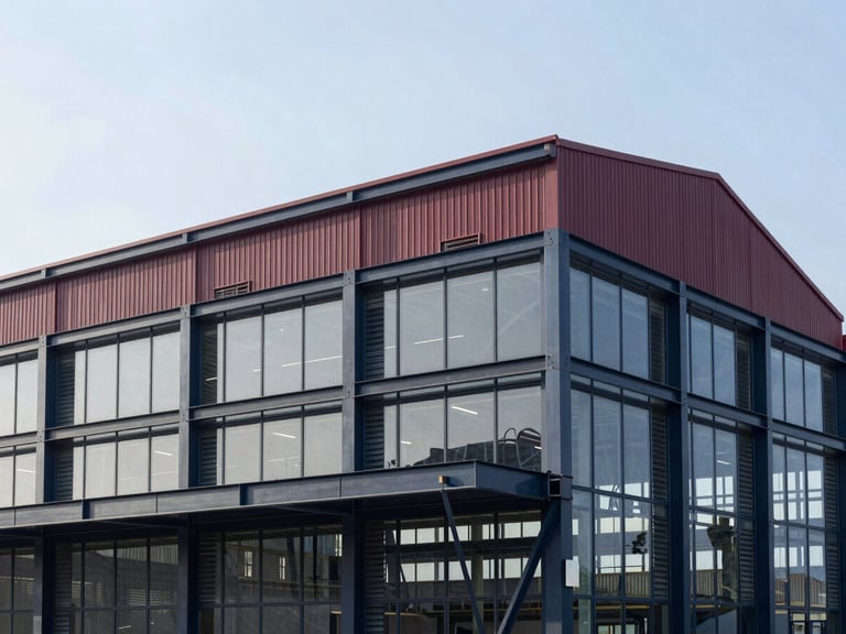 Premium architectural photography showing abstract structural geometry of modern steel and glass warehouse architecture, sharp focus, deep navy and burgundy tones, crisp daylight.