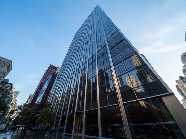 Premium architectural photography of a modern high-rise glass facade reflecting crisp morning daylight, deep navy tones, low-angle heroic perspective, sharp focus, Hasselblad medium format.