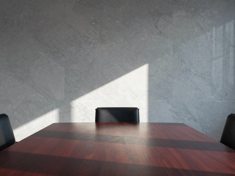 Minimalist corporate boardroom interior, sharp morning sunlight casting long geometric shadows on a dark mahogany table, premium marble background, crisp focus, Hasselblad medium format.