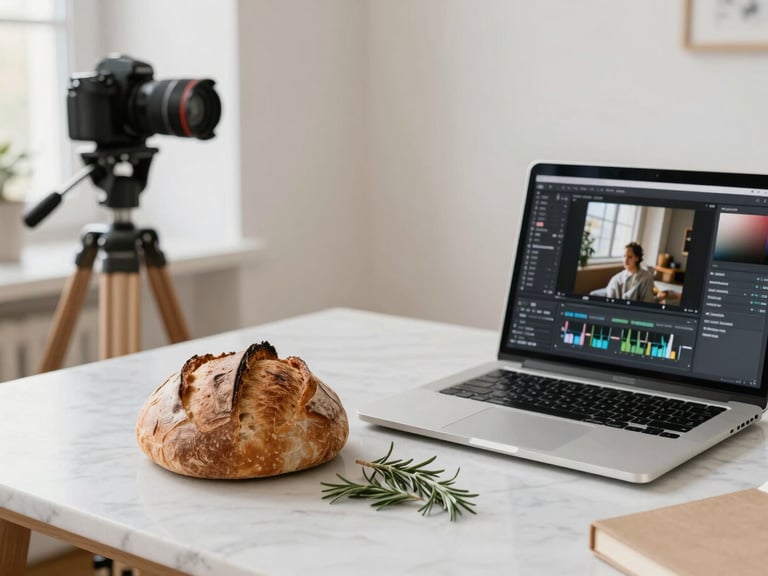 Bright Scandinavian creative studio with soft natural daylight, a camera on a wooden tripod, fresh sourdough bread and rosemary on a marble table, a laptop open showing photo editing software, warm editorial style, 35mm.